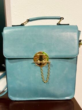 Ecosusi Laptop Convertible Structured Satchel – Blue Vegan Leather w/ Gold Lock